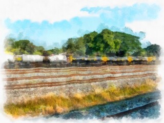 Fototapeta na wymiar oil train watercolor style illustration impressionist painting.