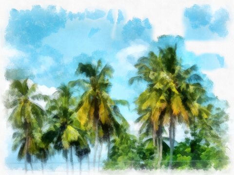 coconut tree landscape watercolor style illustration impressionist painting.