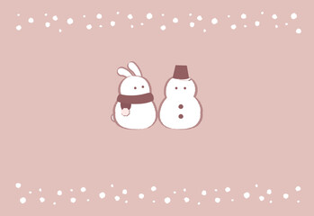 雪だるまとうさぎが並んだ冬のポストカードデザイン　茶色背景　文字なし