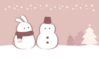 雪だるまとうさぎが並んだ冬のポストカードデザイン　茶色背景　文字なし