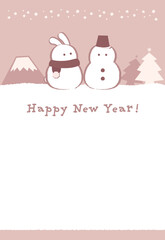 雪だるまとうさぎが並んだ卯年年賀状デザイン　茶色背景　添書きなし