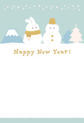 雪だるまとうさぎが並んだ卯年年賀状デザイン　水色背景　添書きなし