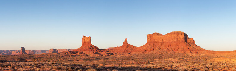 Fototapeta na wymiar Desert Rocky Mountain American Landscape. Sunny Morning Sunrise. Oljato-Monument Valley, Utah, United States. Nature Background Panorama.