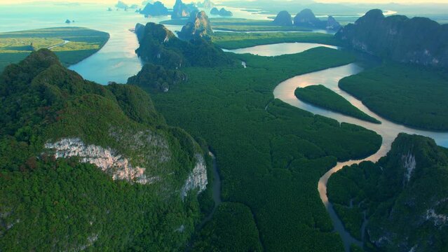 4K : Drone Flying over the mangrove forest at Phang Nga Bay in golden hour time. Samed Nang Chee popular tourist place in Phang Nga. Phang Nga, Thailand. Tropical forest concept. Cinematic shot. 

