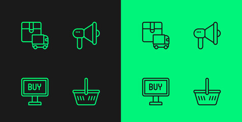 Set line Shopping basket, Buy button, Delivery cargo truck and Megaphone icon. Vector