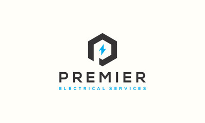 vector graphic logo design, hexagon shape with negative space initial letter P with electric bolt icon
