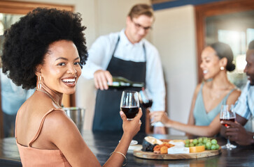Smile, luxury and wine tasting with woman and fine dining on countryside vineyard or restaurant hotel vacation with friends. Relax, holiday and enjoy with group of people on winery farm