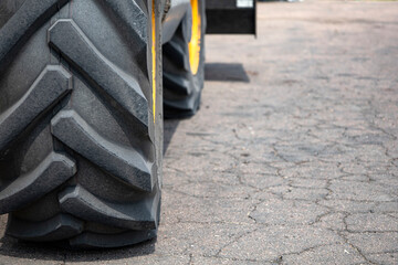 Close-up of the wheel on the forklift.