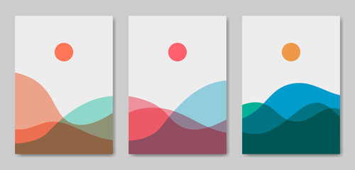 Set of three Abstract Aesthetic geometric modern landscape Contemporary poster cover template. Minimal and natural Illustrations for art print, postcard, wallpaper, wall art.