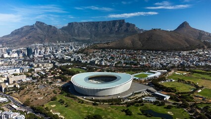 Naklejka premium Aerial view of the city of Cape Town and Lion's head mountain in South Africa