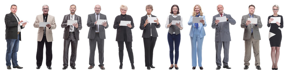 Fototapeta premium group of people demonstrating tablet looking at camera