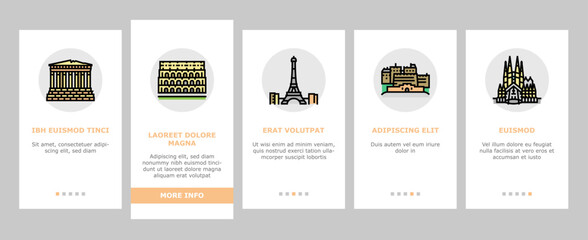 Europe Monument Construction onboarding icons set vector - obrazy, fototapety, plakaty