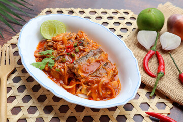 Spicy canned fish at top view - Thai food called Yum Pla Kapong