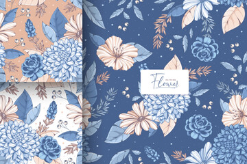 vintage blue flower seamless pattern