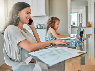 Work from home mom working her child learning and writing for school in a family dining room. Happy online freelance woman on a phone call typing an email on a computer with a smile at a family home