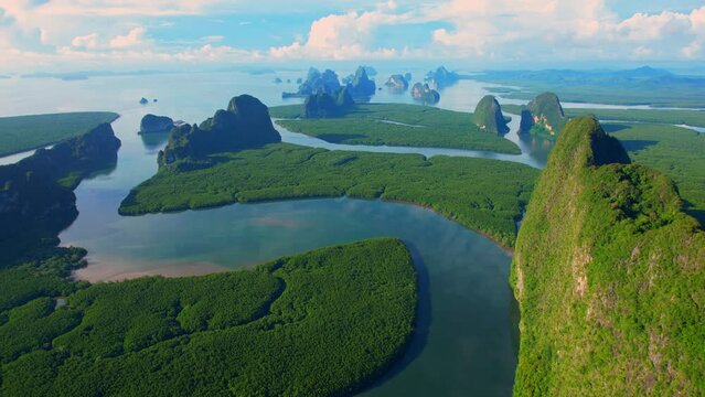 Beautiful View of Phang Nga Bay. Mangrove forests and winding rivers. scenery of the Andaman Sea. Phang Nga Province, Thailand. tropical seas in southeast asia. 4k drone. Hyperlapse
