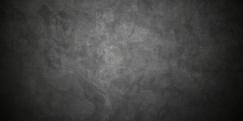 Dark black conrcrete cracked stone marble wall grunge backdrop background. panorama dark black with gray stucco wall, blank grunge vintage surface design. Worn gray grungy background.