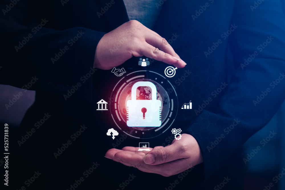 Poster safeguarding digital assets and personal information with cybersecurity and data protection measures