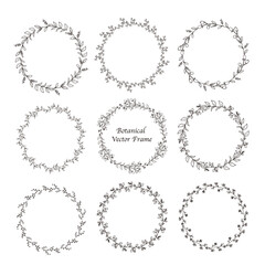 Botanical vector frame set. Black and white color. Circle shape branches frame design. Vintage floral wreaths with leaves , flower, herb, swirls, ornate.