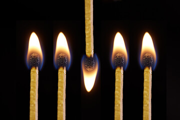 Fire and flame burning on matches sticks as light in the dark against black studio background....