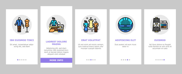 Tailor Worker Sewing Occupation onboarding icons set vector