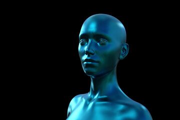 3d illustration. Portrait of a blue bald woman on a black background. 