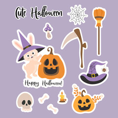 Halloween collection vector stickers. Cute rabbit character in witch hat with lantern pumpkin Jack, cobweb, skull, witch hat with spider and scythe and broom. Isolated elements for decor, design.