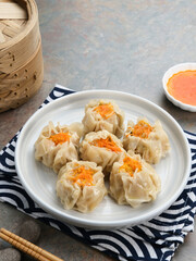 Delicious Dim Sum, home made chinese dumplings served on plate, with sauce and chopstick