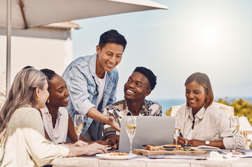Happy business people with a laptop and champagne at a restaurant meeting for online website launch. Workers with wine glasses and smile at a staff party event celebration of project goal teamwork