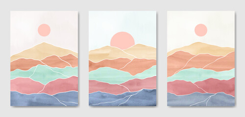 Abstract Contemporary mid century modern Landscape boho poster template. Aesthetic Modern Art Minimal and natural mountains compositions for postcard cover wallpaper wall art home decor