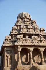 Rock cut ancient temple in Mahabalipuram, Tamilnadu. Indian architecture of monolithic historical temple. Historical heritage site in India.