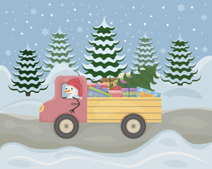 Christmas illustration. An illustration depicting a cute snowman riding on a truck, which contains gifts and a Christmas tree. Funny snowman in the forest. Vector illustration