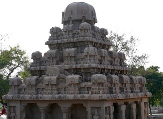 Rock cut ancient temple in Mahabalipuram, Tamilnadu. Indian architecture of monolithic historical...