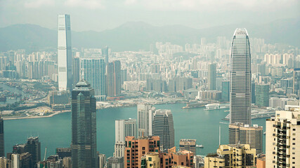 Vista panorâmica da baia Victória em Hong  Kong, a partir do mirante  the Peak