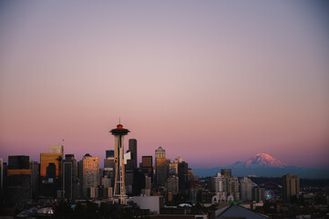 A cityscape view of Seattle along with Mt Rainier from Kerry park.