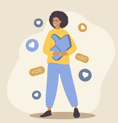 vector illustration in a flat style on the theme of likes and social approval in social networks. girl hugs a huge like