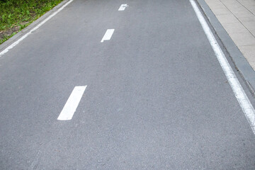 Close-up of an asphalt road with an intermittent marking line and grass on the side of the road. Selective focus, black and white photography