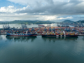 Shenzhen ,China - Circa 2022: Aerial view of container ship in Yantian port in Shenzhen city, China