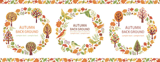 秋の紅葉・落ち葉・小鳥のイラストフレームセット