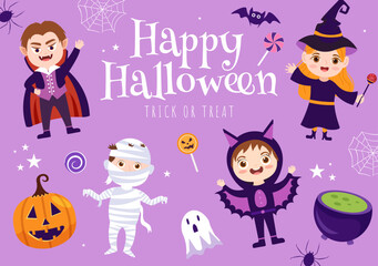 Fototapeta na wymiar Happy Halloween Template Background Hand Drawn Cartoon Flat Illustration with Children Wearing Various Costumes, Haunted House, Pumpkins, Bats and Full Moon