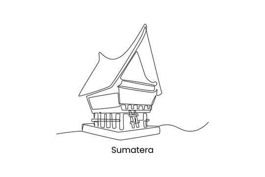 Single one line drawing bolon house Sumatera in Indonesia. Traditional house concept. Continuous line draw design graphic vector illustration.