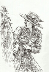 person riding a horse pen drawing for card illustration decoration