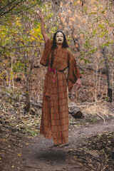 Paranormal portrait of sexy and young japanese woman with beautiful old traditional brown and...