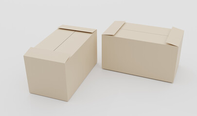 3d rendering two empty brown boxes with white floor, to mock up your design