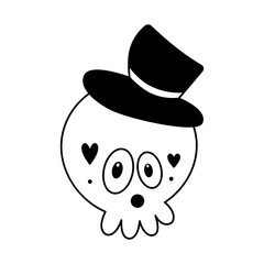 Vector doodle stylized cartoon skull with magician hat.Childish cute halloween design element.Outline.Sketch.Isolated on white background.