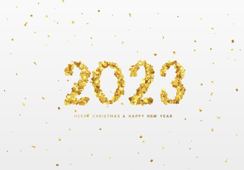 Happy New Year 2023. Design Realistic golden paper confetti in shape of number 2023. Vector illustration