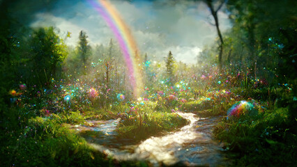 Magic fairytale forest landscape with creek and rainbow - obrazy, fototapety, plakaty