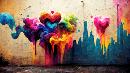 Colorful hearts as graffiti love symbol on wall - obrazy, fototapety, plakaty