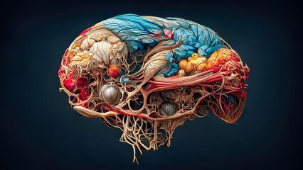 Colorful fantasy anatomy illustration of human brain - obrazy, fototapety, plakaty