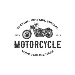Custom motorcycle label in vintage style with inscription and motorbike with white background isolated vector illustration logo design template